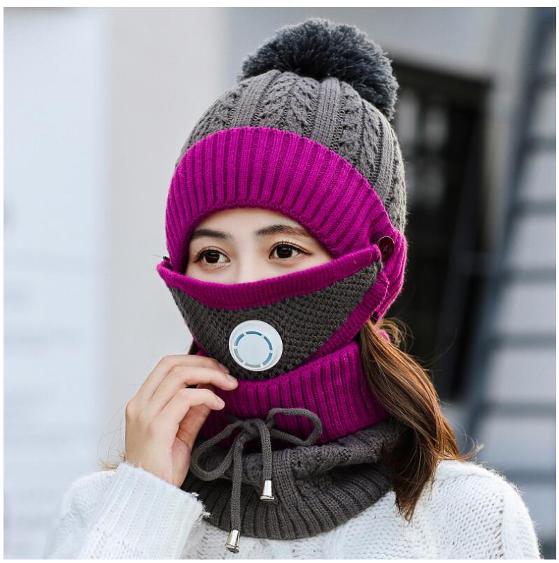 Winter Hoed & Sjaal & Masker Voor Vrouwen Warm Mutsen Ademen Sjaal Pompoms Gebreide Caps En Sjaal Masker 3 stuks/set: plum