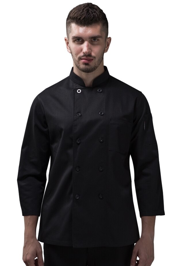 Billig hvid bomuld kokkejakker mænd dame kokkejakke kokke restaurant uniform kokkefrakke: Sort / L