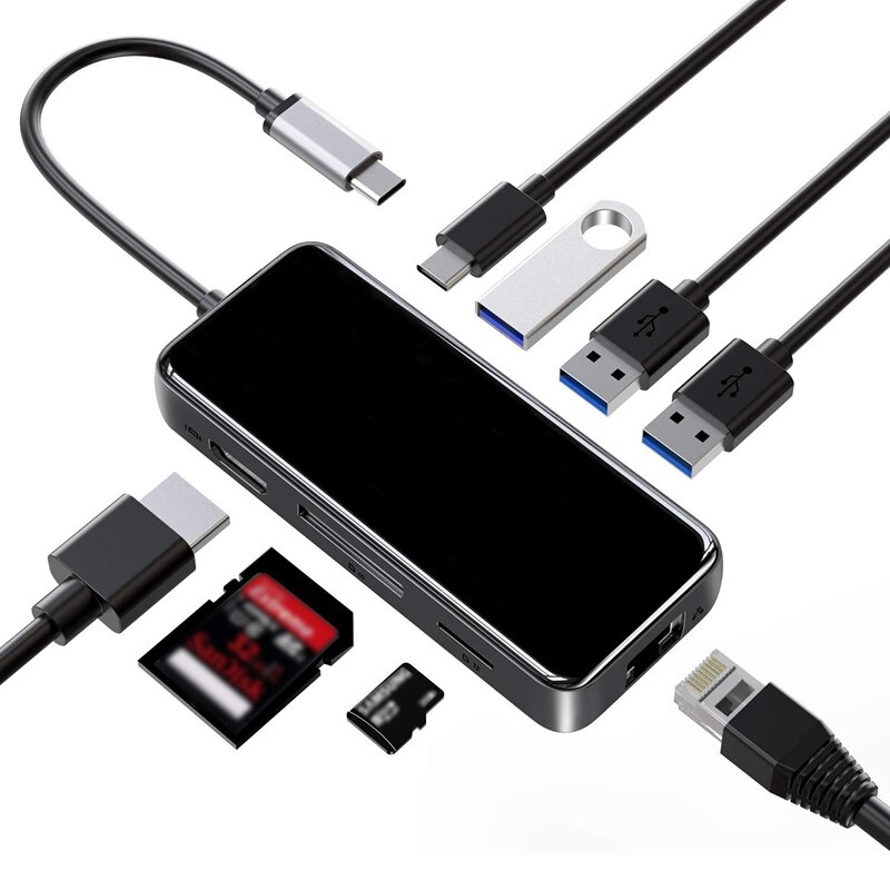 Multifunktion usb c hub adapter 8 in1 gigabit  rj45+ usb 3.0 x 3+ pd+hdmi+sd/minilæser usb hub til telefon bærbar