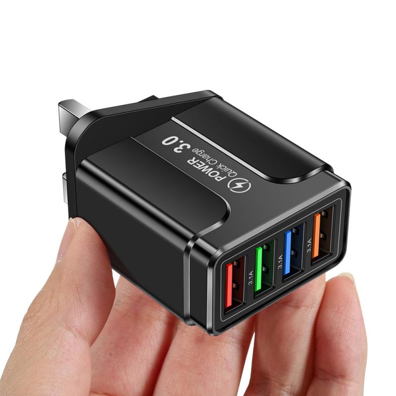 Mobiele Telefoon Reizen Opladen Hoofd Voor Iphone 12 Xiaomi Huawei Tablet Draagbare Eu/Us/Uk Plug 3.1A Vlinder 4 Usb Lader: BLACK UK