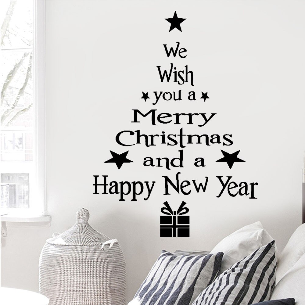Merry Christmas Window Wall Stickers Posters Decals Waterproof Blessing Happy Year Christmas Tree Letters Xmas: Black