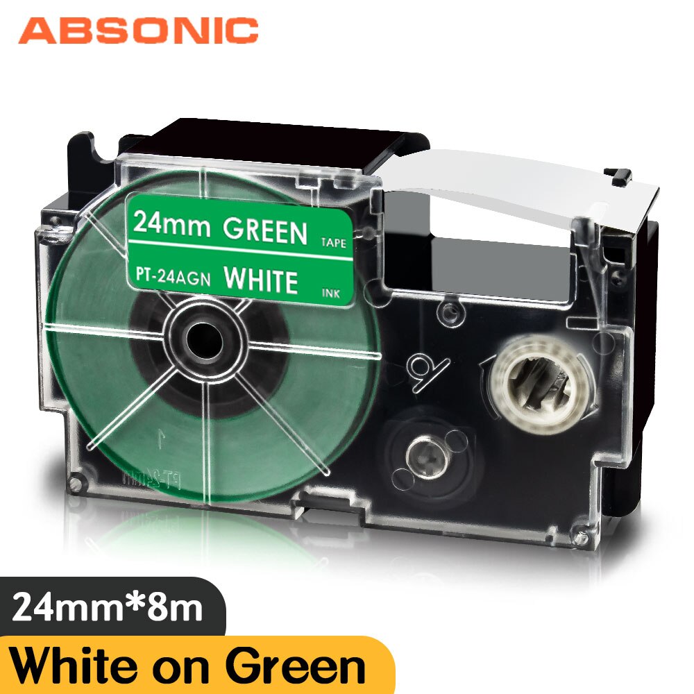 Mixed Color 24mm XR-24WE XR-24X For Casio XR-24RD XR-24BU XR-24YW XR-24GN Label Cassette for Casio CW-L300 KL-430 KL-820 Labler: White on Green