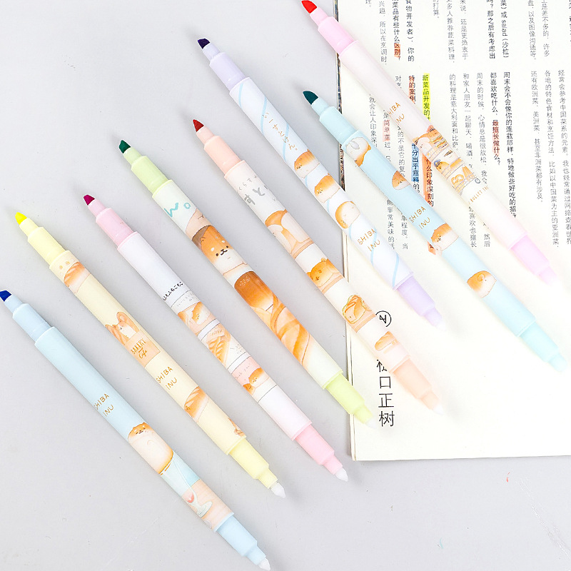 8 farver kawaii shiba inu dobbelthovedet sletbare highlightere kunstmarkører farve pen fine liner skole kontorpapir