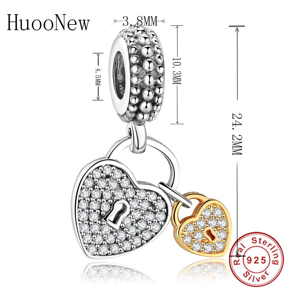 Fit Original Charms Clear Crystal CZ Two Hearts Gold Lock Heart Beads Dangle Jewelry 925 Sterling Silver Jewelry Pendant