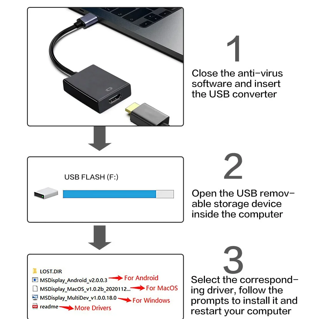 USB to HDMI Adapter HD 1080P USB 3.0 to HDMI-Compatible Converter External USB Adapter Video Adapter Cable for PC Desktop Laptop