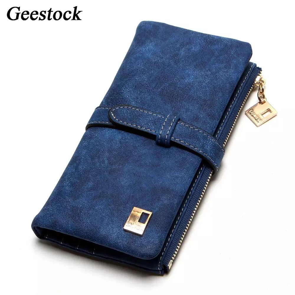 Geestock Frauen Geldbörsen Lange Geldbörse Zwei Falten Frauen Brieftaschen Kordelzug Nubuk Leder Zipper Wildleder frauen Lange Purs: Blue