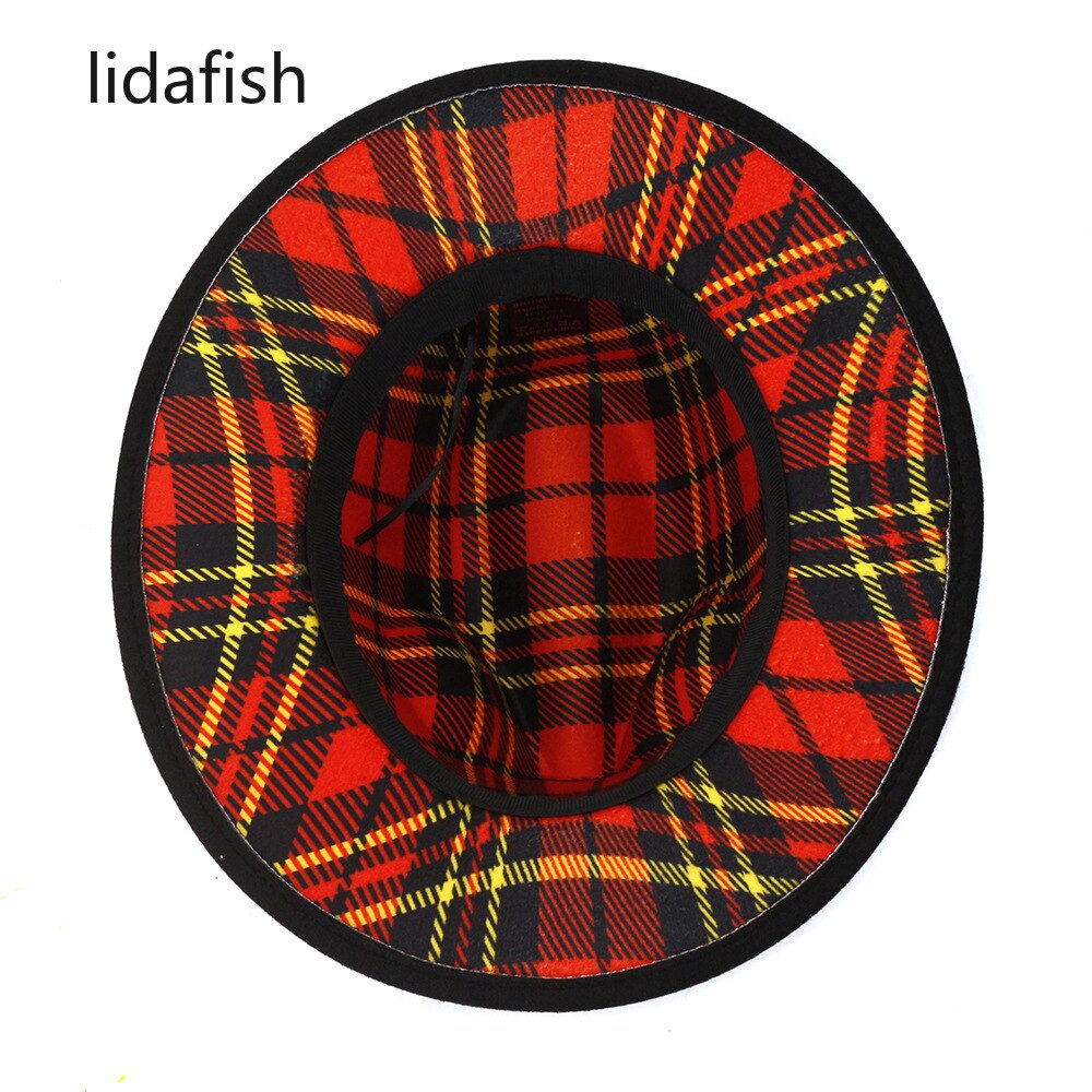 lidafish Black With Plaid Patchwork Wool Felt Women's Hats British style Jazz Fedoras Hat Panama Trilby Hat