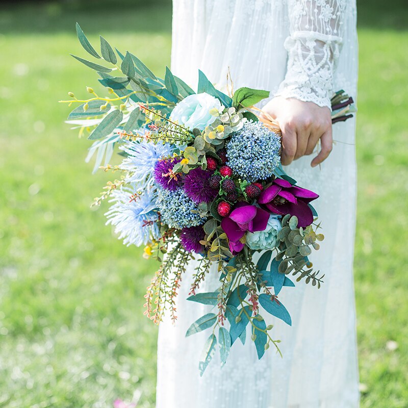 JaneVini Wedding Boeket Handgemaakte Zijden Rozen Hortensia Paars Blauw Bloemen Bridal Hold Boeket Bruiloft Accessoires