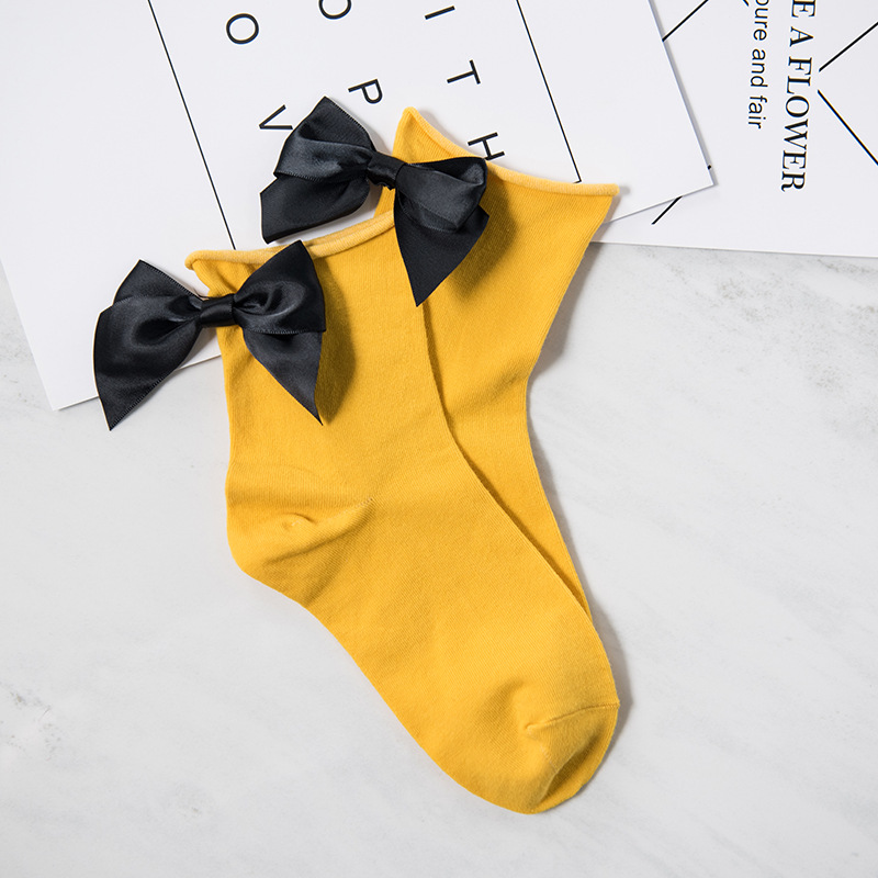 Winter Autumn Spring Sweet Curl Cotton After The Heel Ribbon Big Bow Short Socks Wild Chaussette Female Herring Ankle Socks