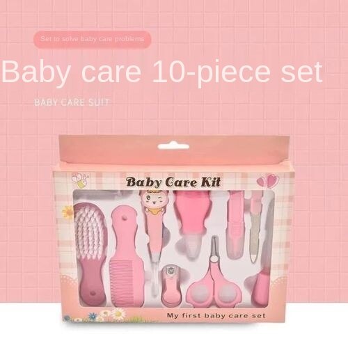 Tijeras para uñas para bebé recién nacido, juego de diez cepillos para el cuidado del bebé, combinación de cepillo de succión Nasal, dispositivo de reparación de uñas para bebé, cortaúñas, cuidado del bebé: 10 Pink
