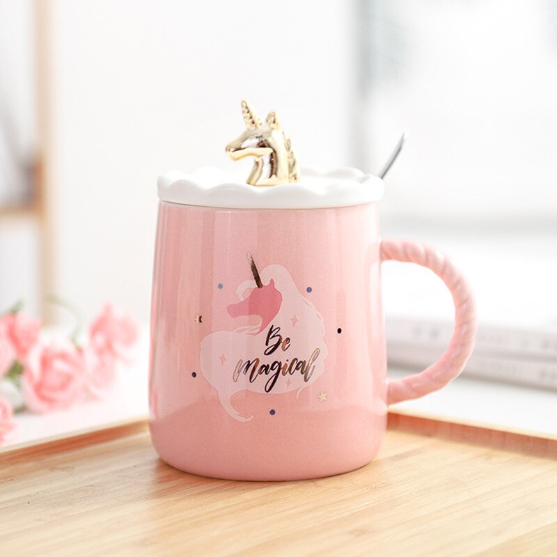 Taza de unicornio rosa, Taza de cerámica con tapa, cuchara creativa, tazas de café de agua: D
