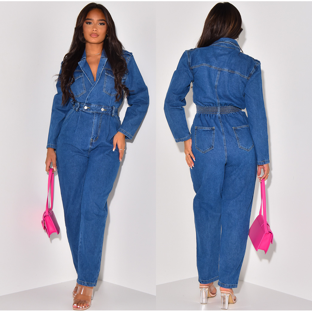 Demin overalls dame jumpsuits i ét stykke lange bukser med nedadgående krave, høj talje, streetwear,  y2k mom jeans, slim fit, sparkedragter