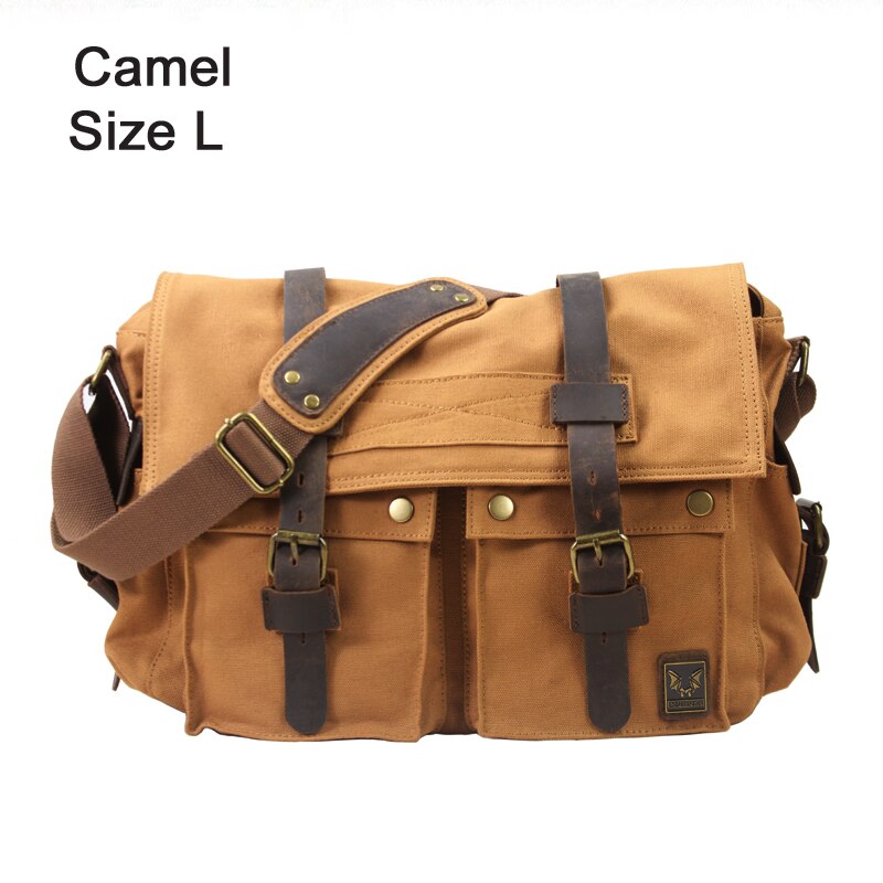 Borsa in tela 2020 cotone uomo e donna, tracolla in pelle, tempo libero: Camel Size l