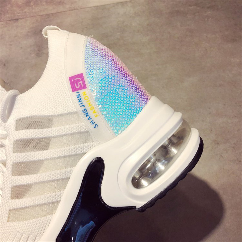 Strikket elastisk mesh bling sneakers kvinder forår efterår sko kvinder farverige pailletter med snøre platform sneakers