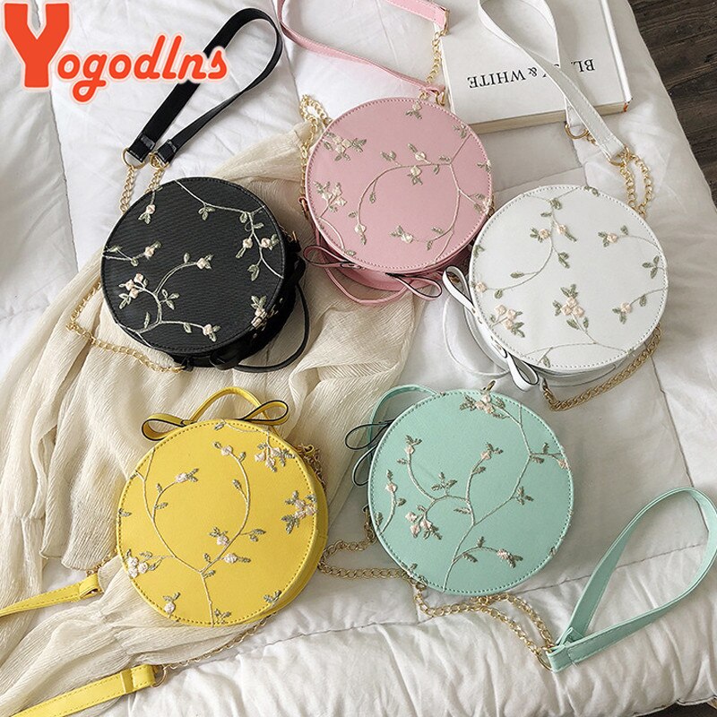 Yogodlns broderie femmes sacs ronds dentelle sac à bandoulière en cuir synthétique polyuréthane femme sac à bandoulière à fleurs sacs décontractés