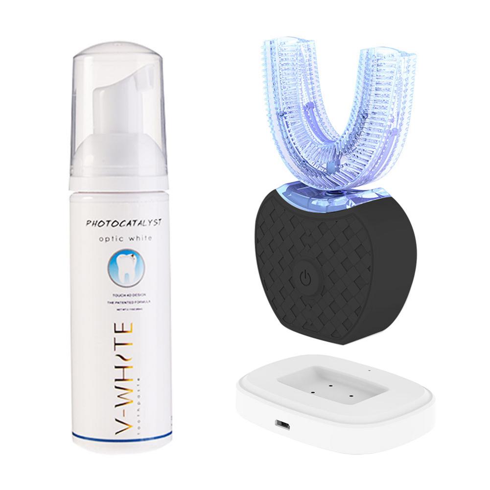 360 Degree Automatic Fast Electric Toothbrush Hands Free Automatic Whitening 360 Degree Ultrasonic Toothbrush U Shape Blue Light