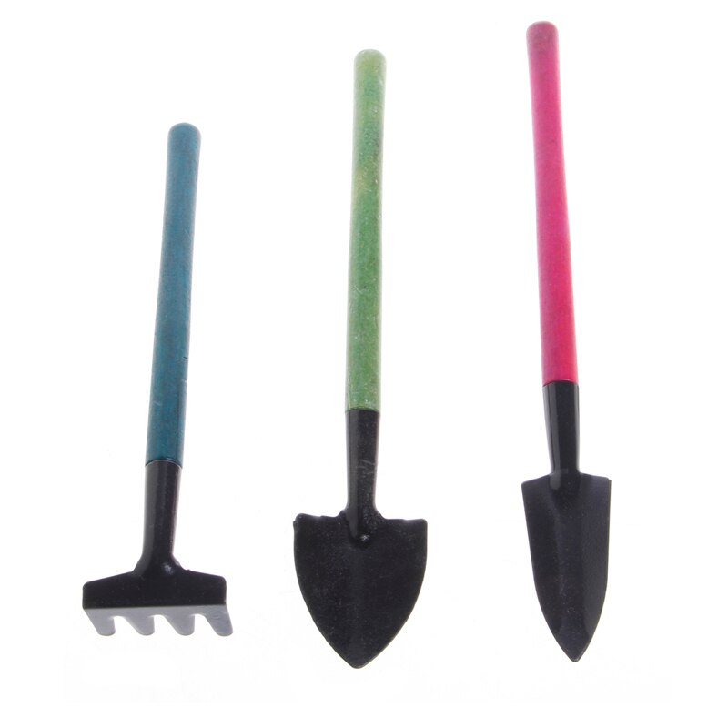 3Pcs Mini Garden Gardening Plant Tools Set with Wooden Handle Shovel Spade Rake