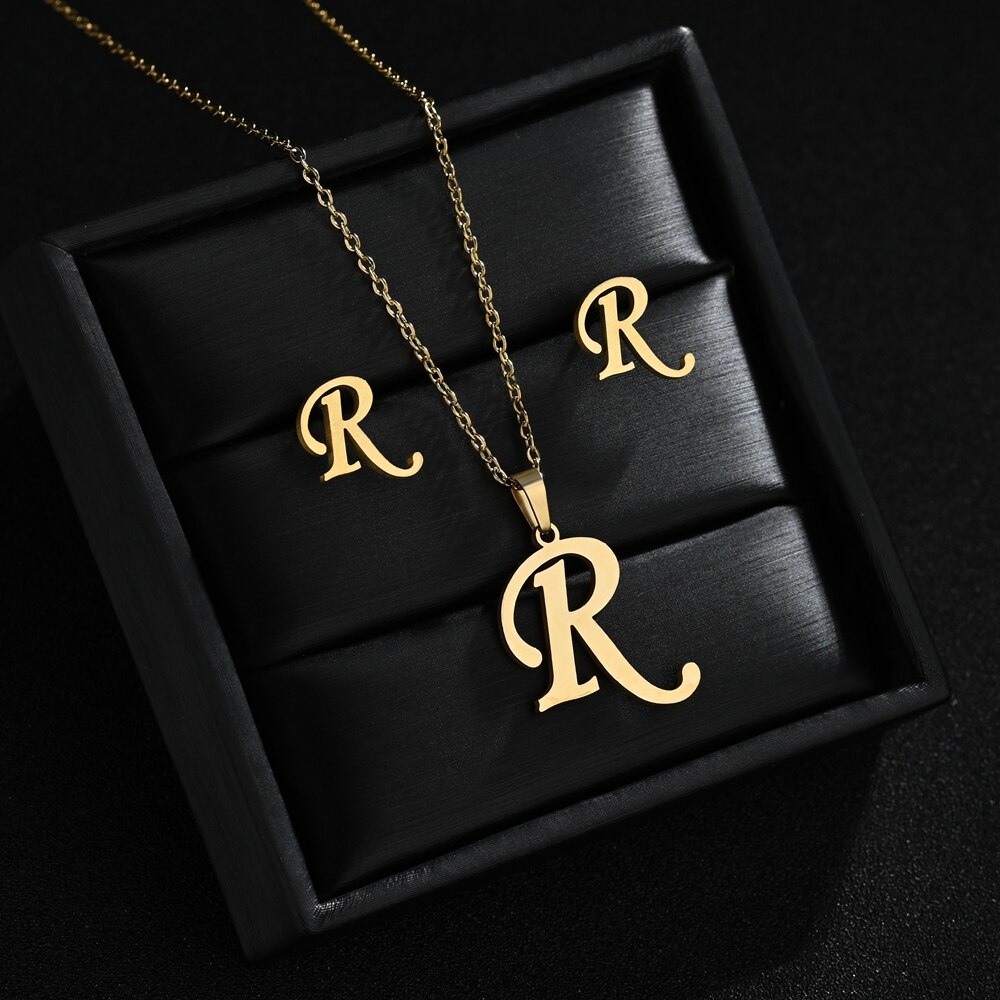 A-Z Edelstahl Ersten Halskette Und Ohrringe Schmuck Sets Alphabet Anhänger Kette Brief Zubehör: R