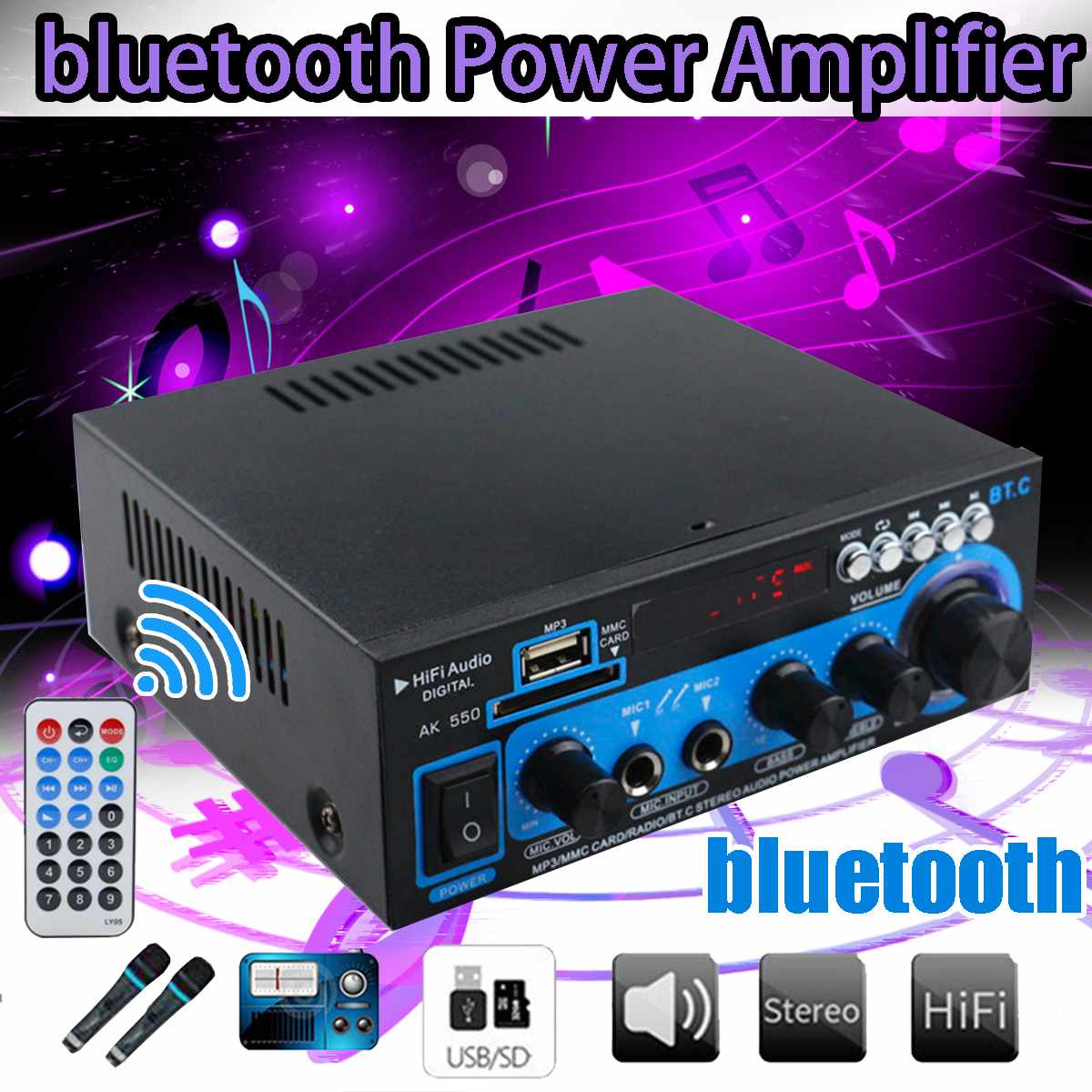 HIFI 2CH 800W Power bluetooth Audio Amplifier 12/220V Home Theater Amplifiers Audio with Remote Control Support FM USB SD Card