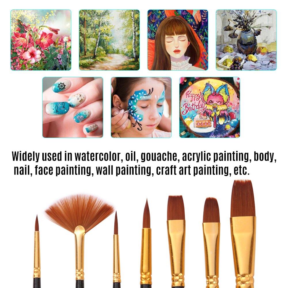 7pcs/set Art Paint Brushes Set Round & Flat & Filbert & Fan Tips Drawing Paintbrushes Nylon Hair Wooden Handle