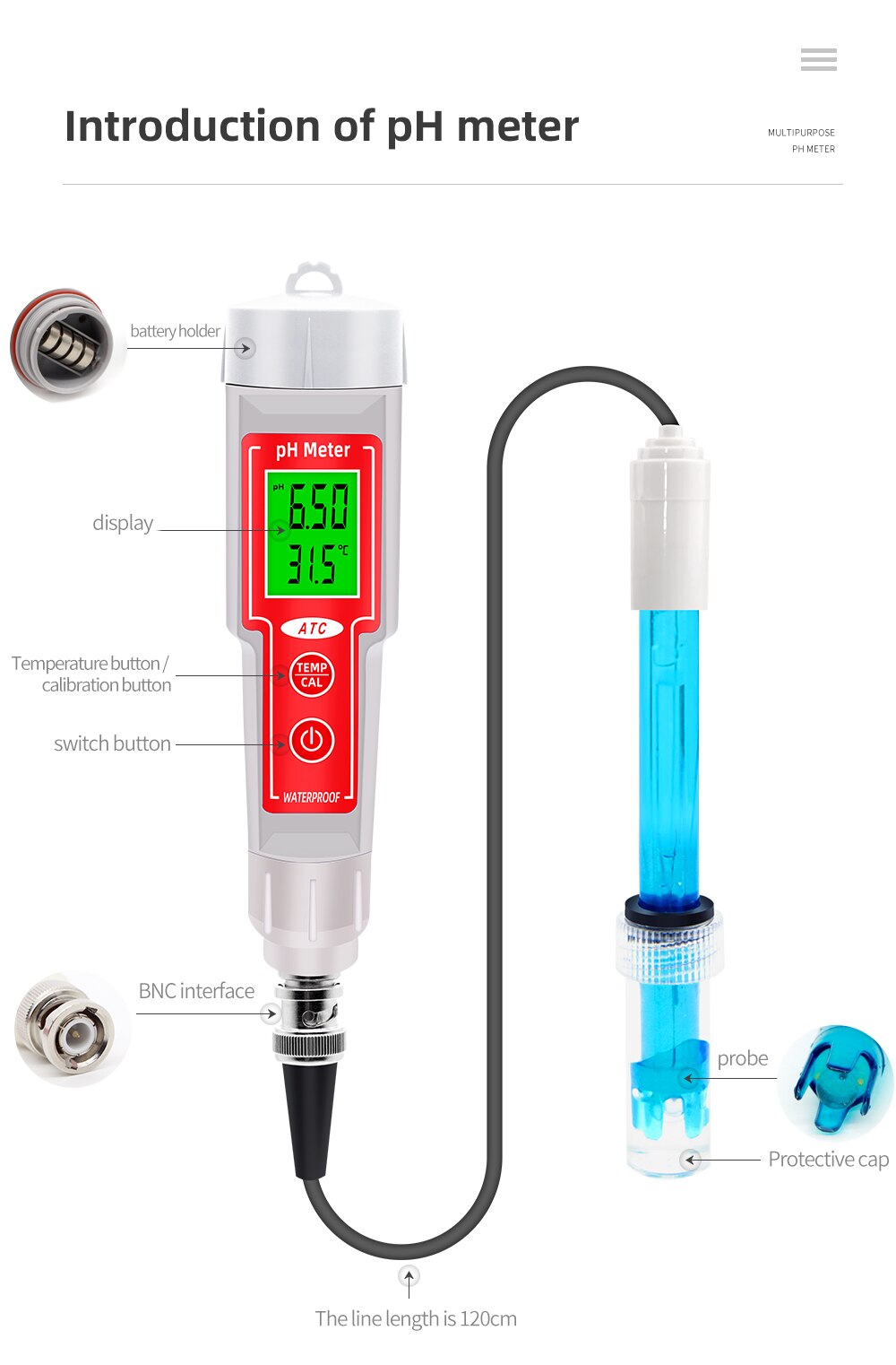 Hydroponics PH Meter Digital 2 in1 PH Temperature Water Tester Backlight for Swimming Pool Aquarium Measuring Instrument