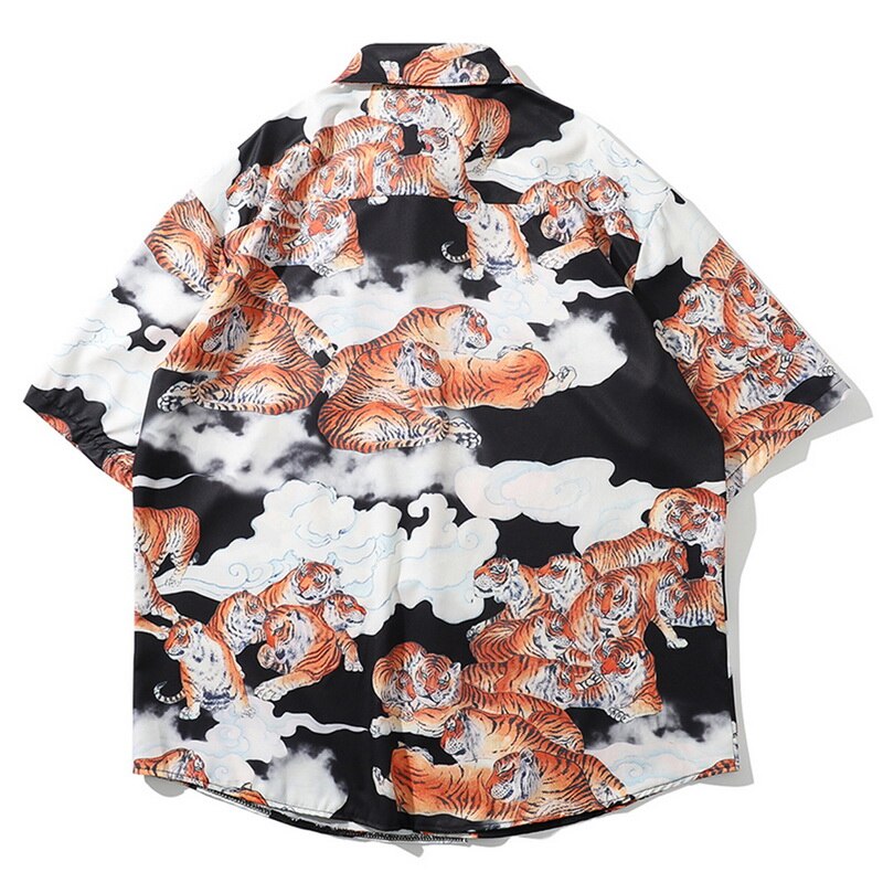 Zomer heren overhemd etnisch bedrukt tijgerprint kraag katoenen korte mouwen los bloemen henley overhemd bloemen overhemd