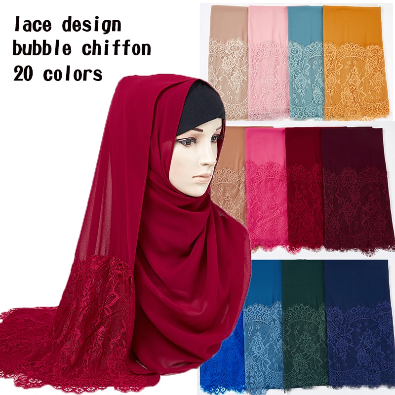 Vrouw Vlakte Kant Sjaal Buble Chiffon Moslim Sjaal Moslim Effen Kleur Lady Uitlaat Luxe Foulard Hijaabs