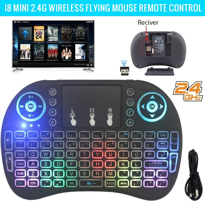 i8 2.4Ghz Luxury Wireless Keyboard 3 Color Backlight + 7 Colorful Light English/Russian/French/Spanish Remote Control Touchpad