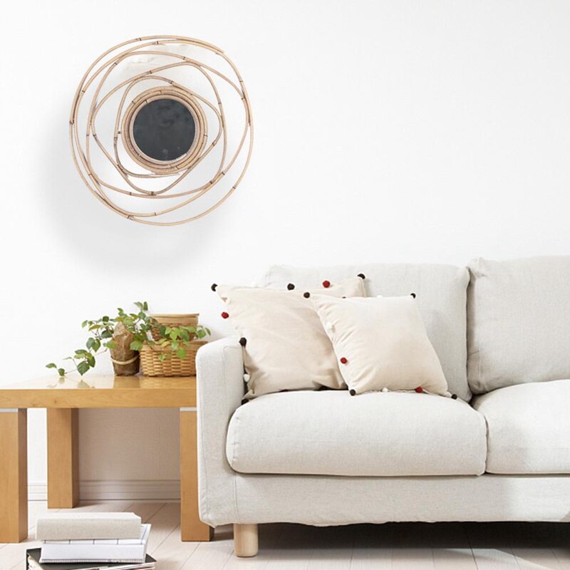Espejo decorativo de mimbre, espejo de ratán nórdico hecho a mano, colgante de pared, adornos para fotografía, espejo, decoración del hogar
