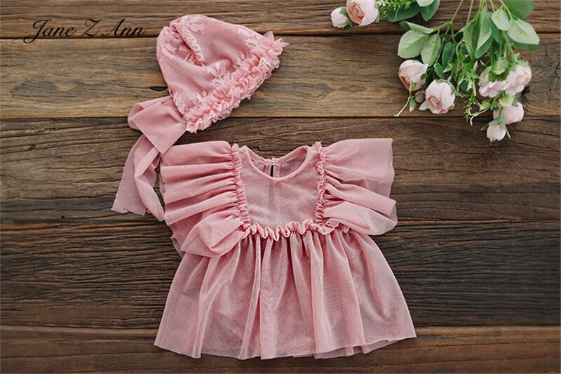 Jane Z Ann été Lotus élastique rose robe avec chapeau bébé gilr photos tir vêtements -né/1 an photographie accessoires