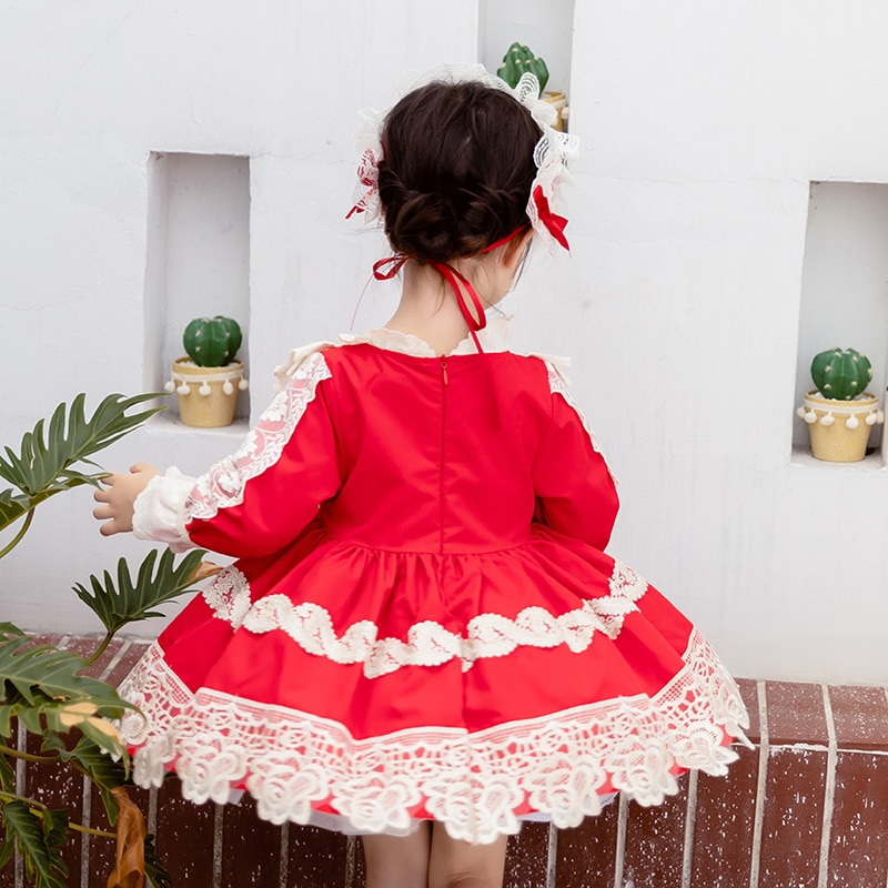 2 st småbarn flicka lolita prinsessa klänningar barn röd spanska frock höst baby flickor jul klä upp spädbarn spanien vestidos