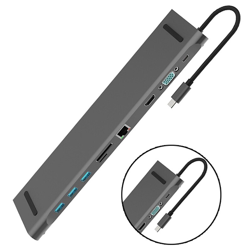 10 en 1 USB Type C Hub adaptateur ordinateur portable Station d'accueil HDMI VGA RJ45 PD Compatible pour HP/ Lenovo/ Surface gris