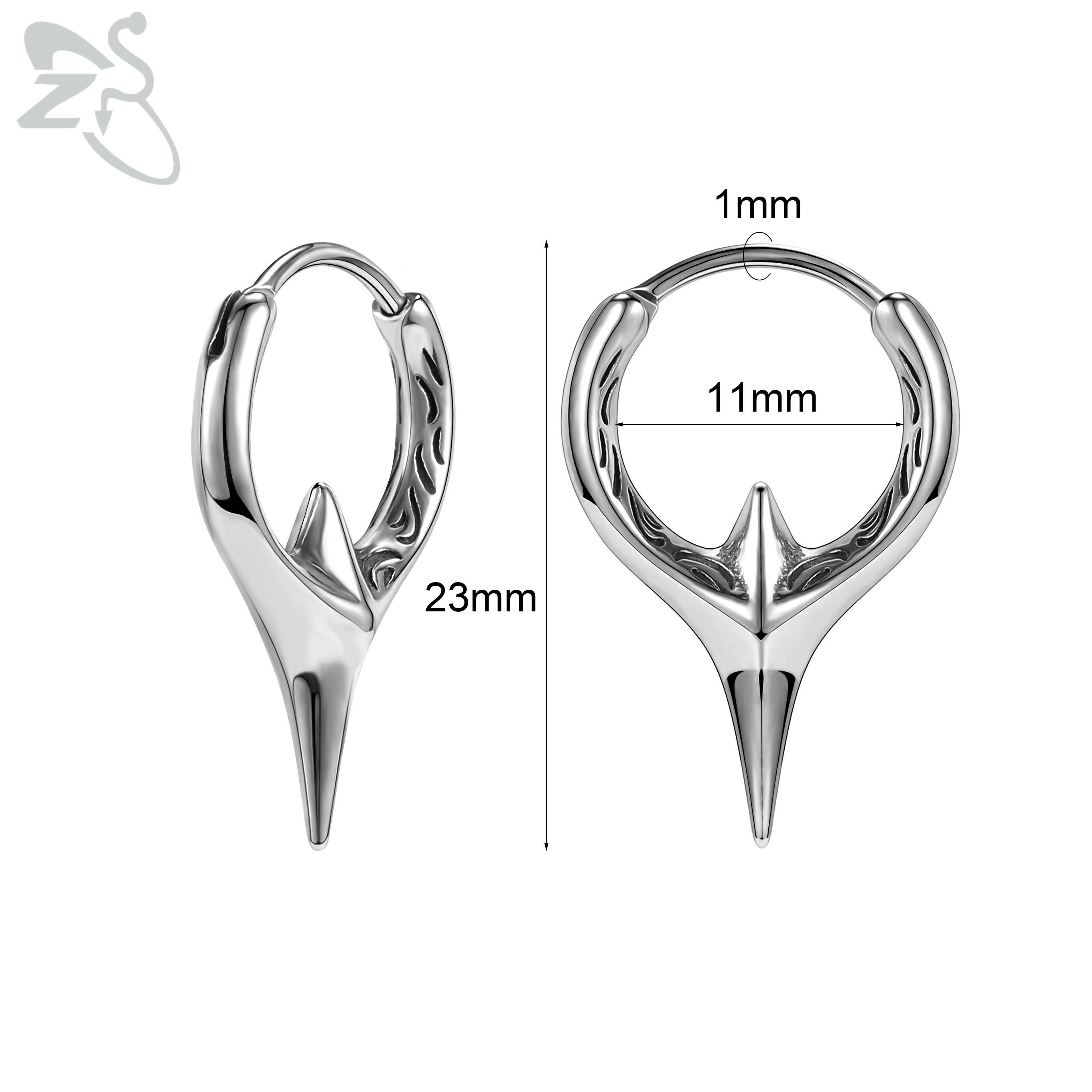 ZS-pendientes de aro de acero inoxidable para hombre, aretes redondos de calavera, serpiente, gótico, Punk, Rock, colgante, cartílago de hélice, 18G, 2 unidades por lote: Bañado en rodio de imitación