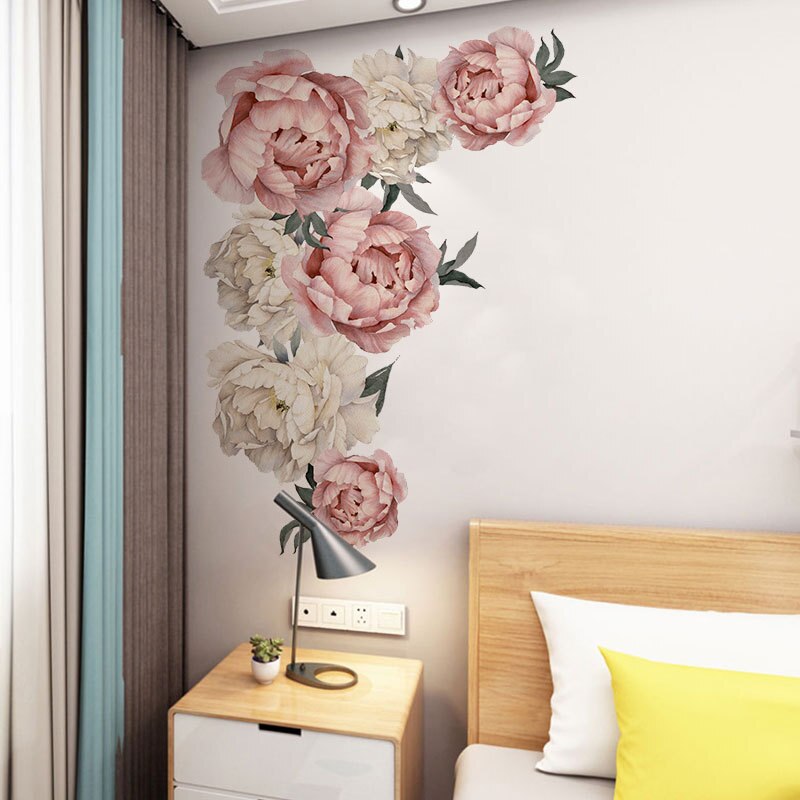 Pegatinas de pared de flores rosas grandes para decoración del hogar, calcomanías de vinilo de 71,5x102cm para dormitorio y sala de estar