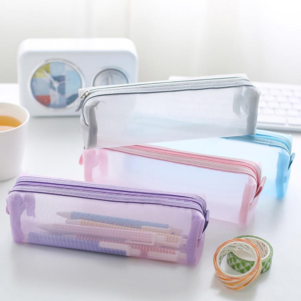 Solid Color Pencil Case Zipper Transparent Mesh Pencil Case Pen Storage Bag Student material escolar пенал школьный