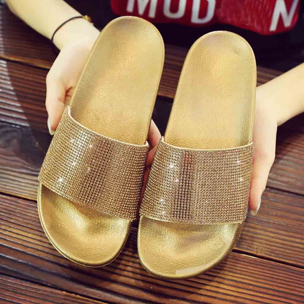 Frauen Hausschuhe Sommer Strand Casual Schuhe Flache Rutschen Hause Outdoor Diamante Sparkly Sliders Diamant alias Faulenzer: Gold / 41