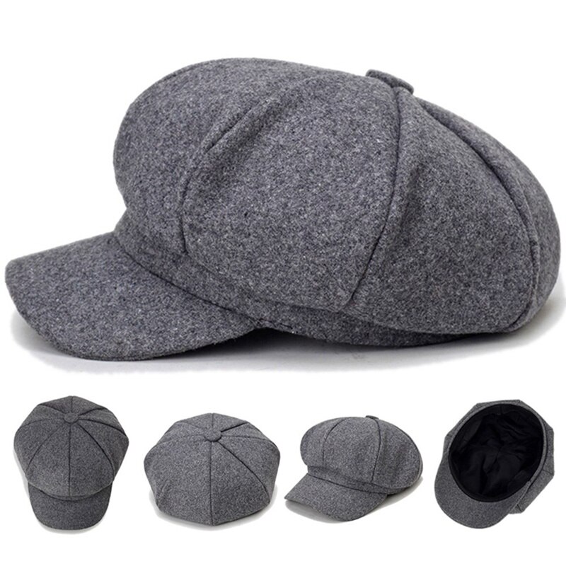 Gorro octogonal de lana para mujer Otoño Invierno , Boina de ala ancha, gorro informal cálido, Color sólido, elegantes sombreros de mujer