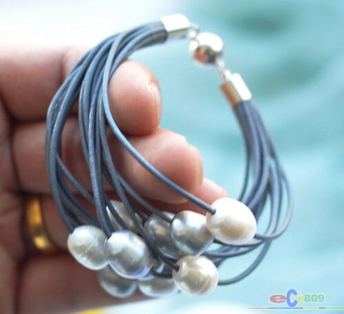 La modo et de la modo 15row 8 "13mm perle de blanche de riz noir pulsera en cuir