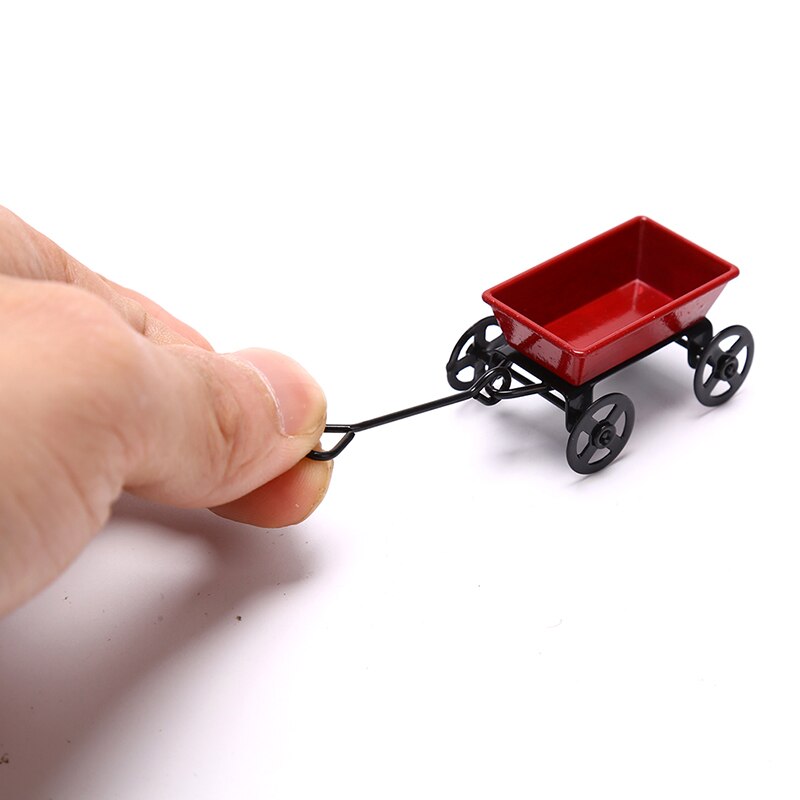 Metal Red Small Pulling Cart Garden Furniture Accessorie Home Decor Toy Ornament 1:12 Mini Cute Dollhouse Miniature