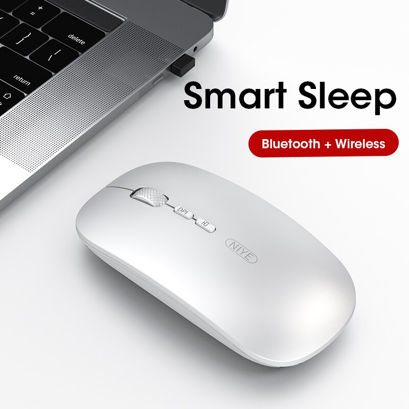 Niye Rechargeable Wireless Mouse - Bluetooth & 2.4GHz USB - Silent Click - Adjustable DPI - for iPad, Laptop, PC