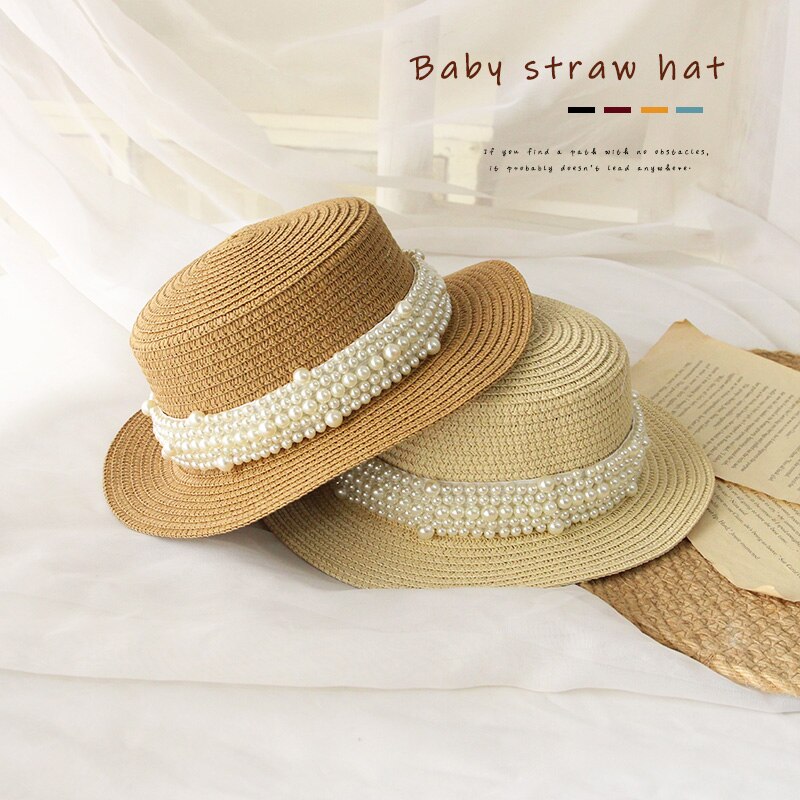 Kids Meisjes Schipper Strohoed Outdoor Brede Rand Zee Zomer Strand Platte Top Zon Caps Met Parel Decoratie Panama Stro cap