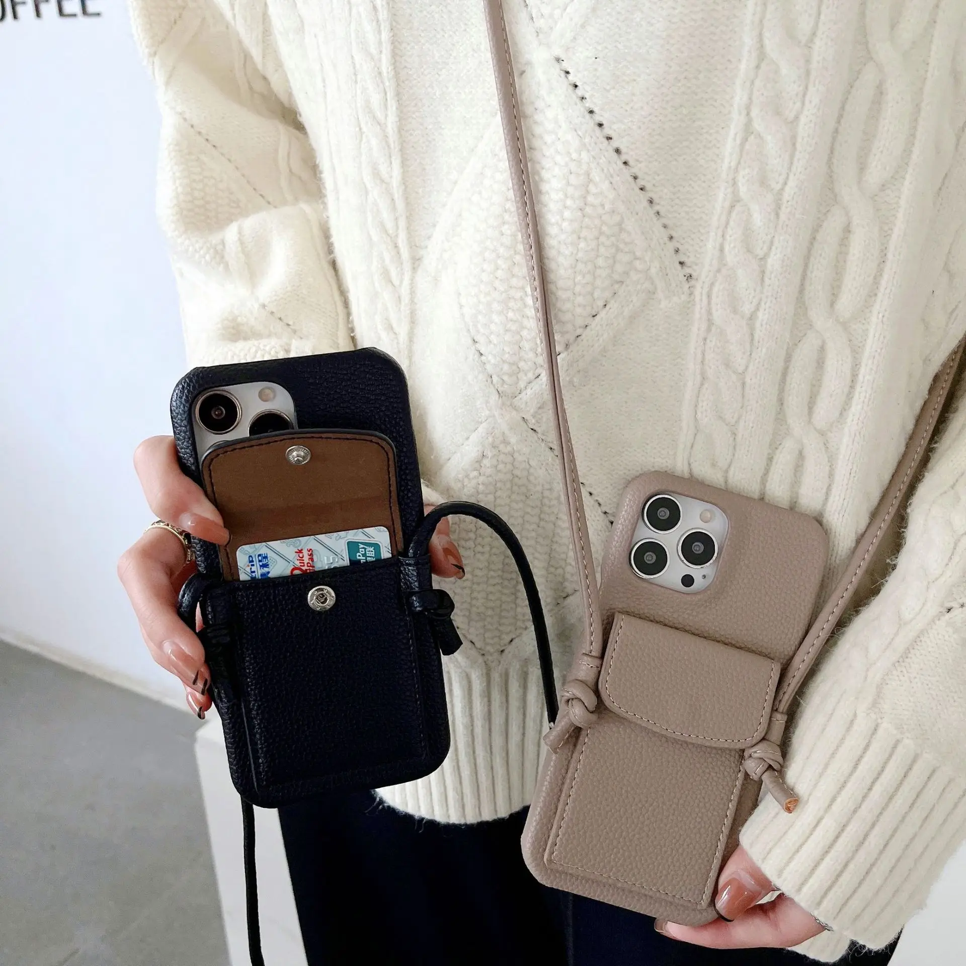 Coque de téléphone avec lanière à bandoulière, étui portefeuille en cuir avec sangle porte-cartes pour iPhone 16 15 14 13 12 11 Pro Max Mini XR XS Max 7 8 Plus