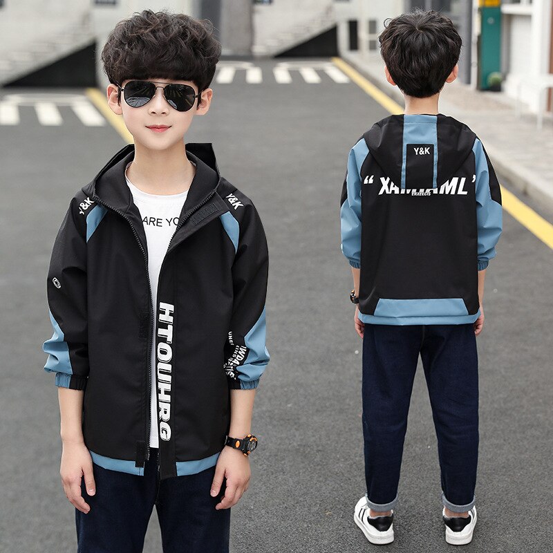 Odzież robocza kurtka jesień chłopięcy płaszcz duże dzieci wiosenne i jesienne ubrania chłopcy wiatrówka trencz z kapturem litery niejednolita całość