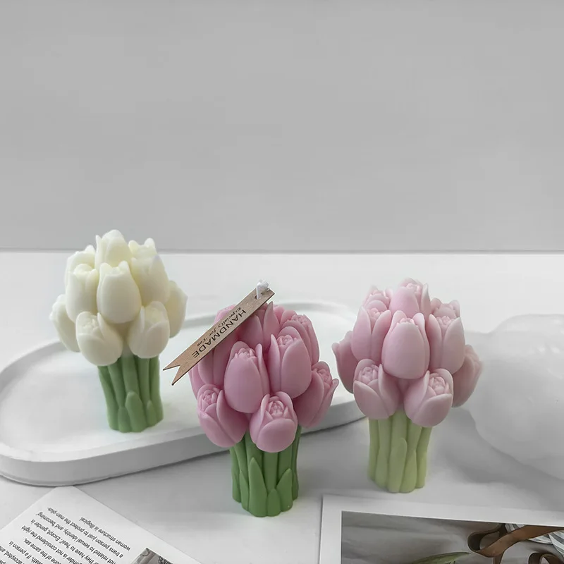 Molde de silicona para ramo de tulipán 3D, flores artesanales, velas aromáticas, moldes de adorno de yeso, hecho a mano, suministros para hacer velas y jabón