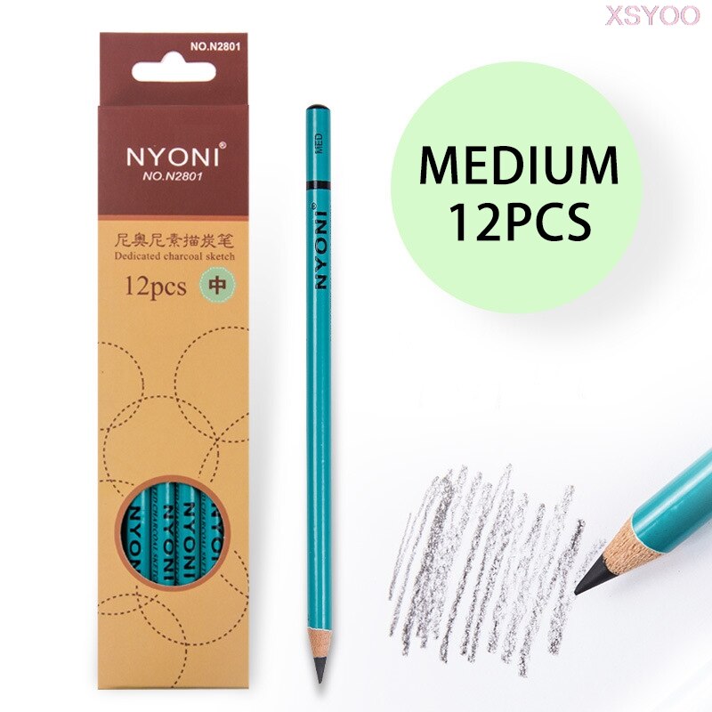 NYONI 10/12Pcs 14B Pencil Set Dedicate Charcoal Pencil Soft Medium Hard Painting Pencils Sketch Pencil Art Supplies Staionery: 12 Medium-BL