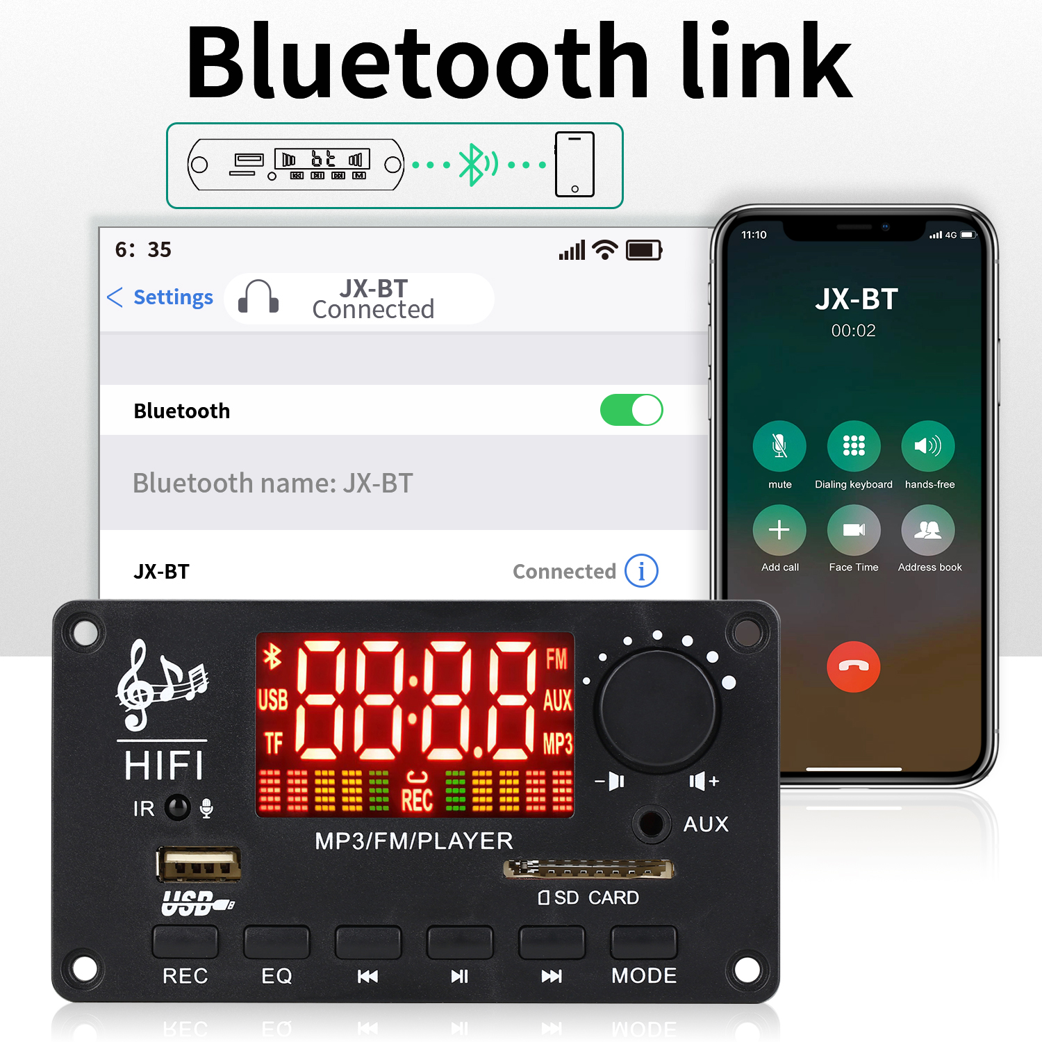 Wzmacniacz 100W Dekoder MP3 Bluetooth5.0 Samochodowy odtwarzacz MP3 Moduł nagrywania USB Radio FM AUX Do głośnika Zestaw głośnomówiący