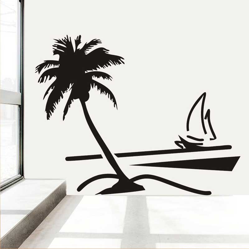Palm Coconut Tree Decal Vinyl Art Wall Papers Sailboat beach Sticker for Home Decoration Bedroom Living Room Wallpap Y-235
