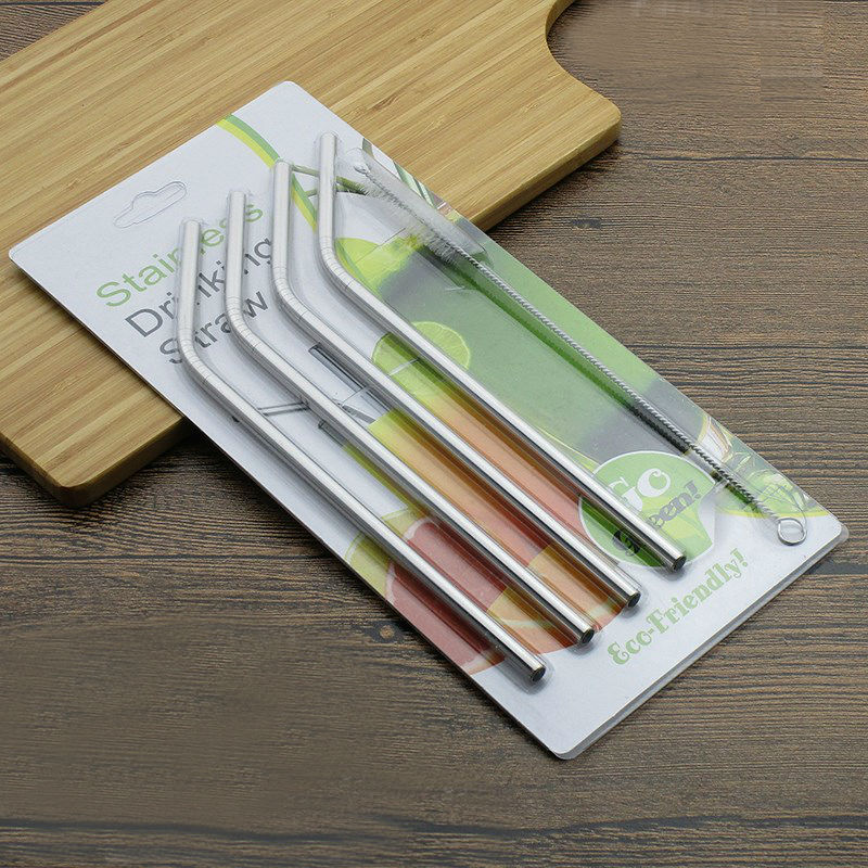 Pajita de acero inoxidable con cepillo de limpieza, Pajita recta curva para beber, accesorios para cocina, Bar y , 4 piezas