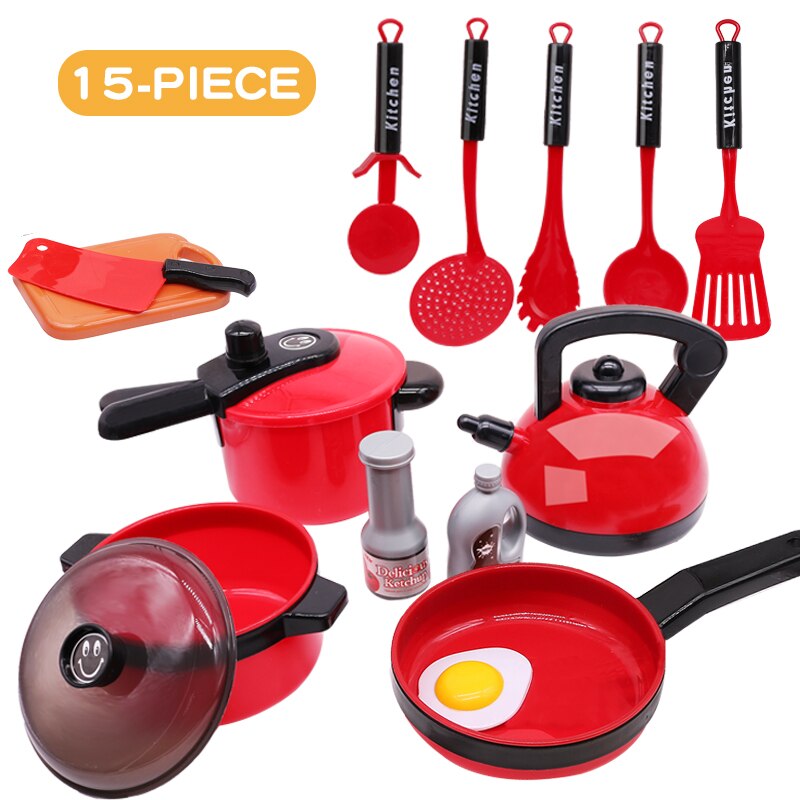 Children Pretend Play Kitchen Tools Simulation Induction Cooker Pot Food Utensils Toys Fruit Vegetable Food Cutting Toy: 15pcs-Red