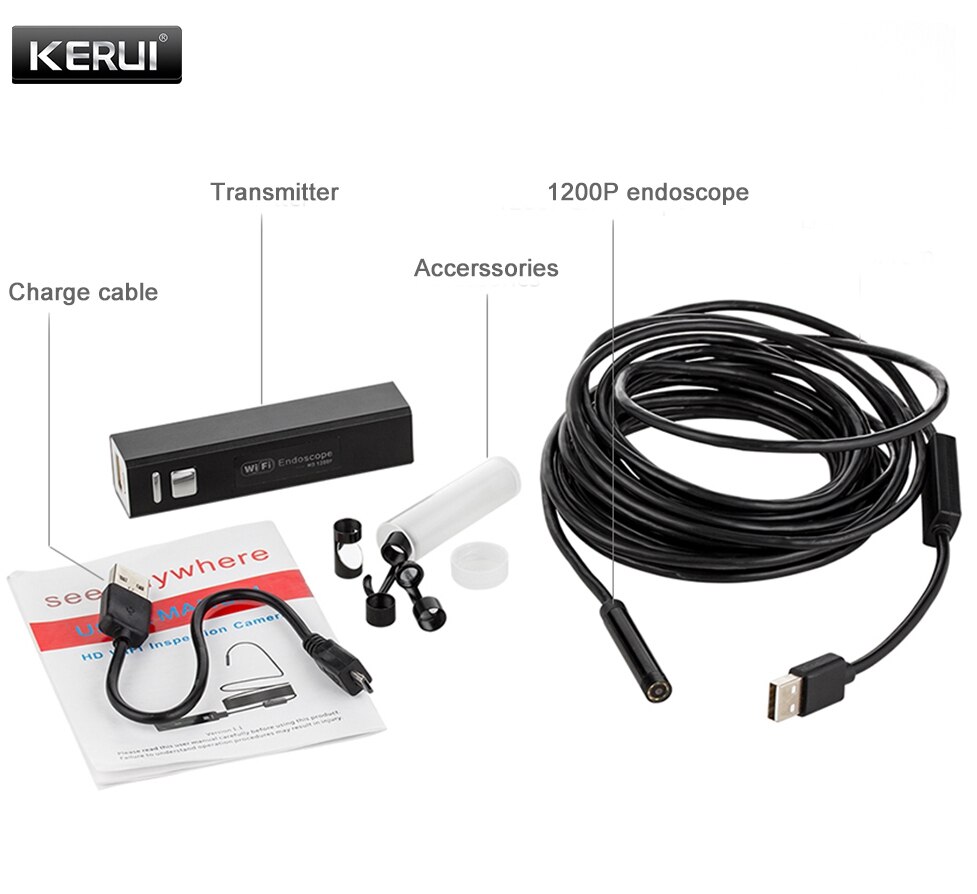 FUERS WIFI Endoscope Camera HD 1200P 8mm Waterproof Hard Cable Inspection Mini Camera For IOS Android Windows Endoscope